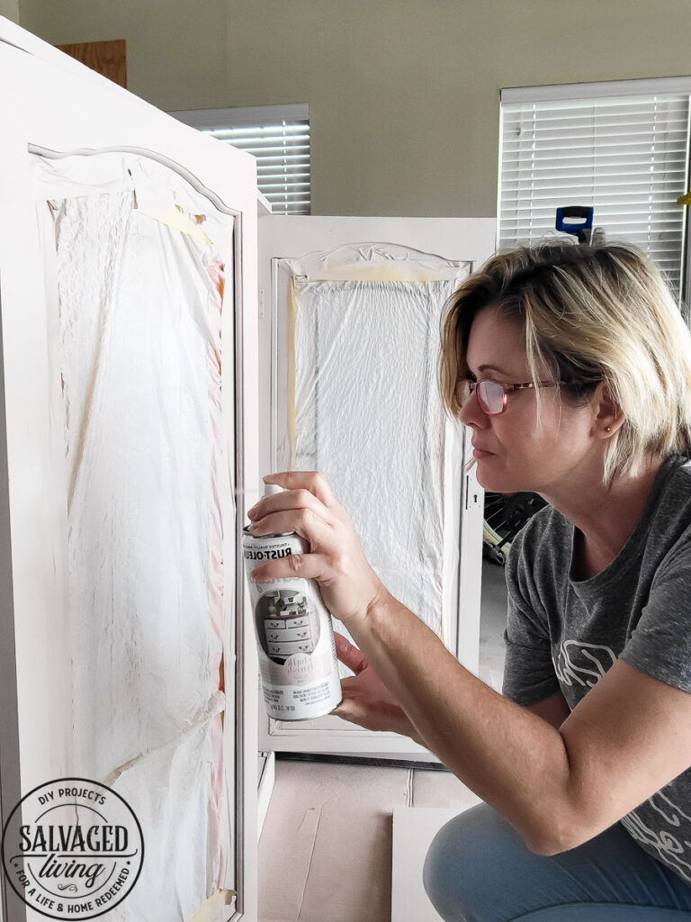 An old antique cabinet gets a transformation makeover with ease, Rust-Oleum's Chalk Finish Spray Paint in Blush Pink adds a soft and sweet touch to my home! See how easy this furniture makeover is with this easy to use spray chalk paint, it makes furniture painting a breeze. #rustoleum #rustoleumimagine #chalkspray #upcycled #upcycledfurniture #sponsored