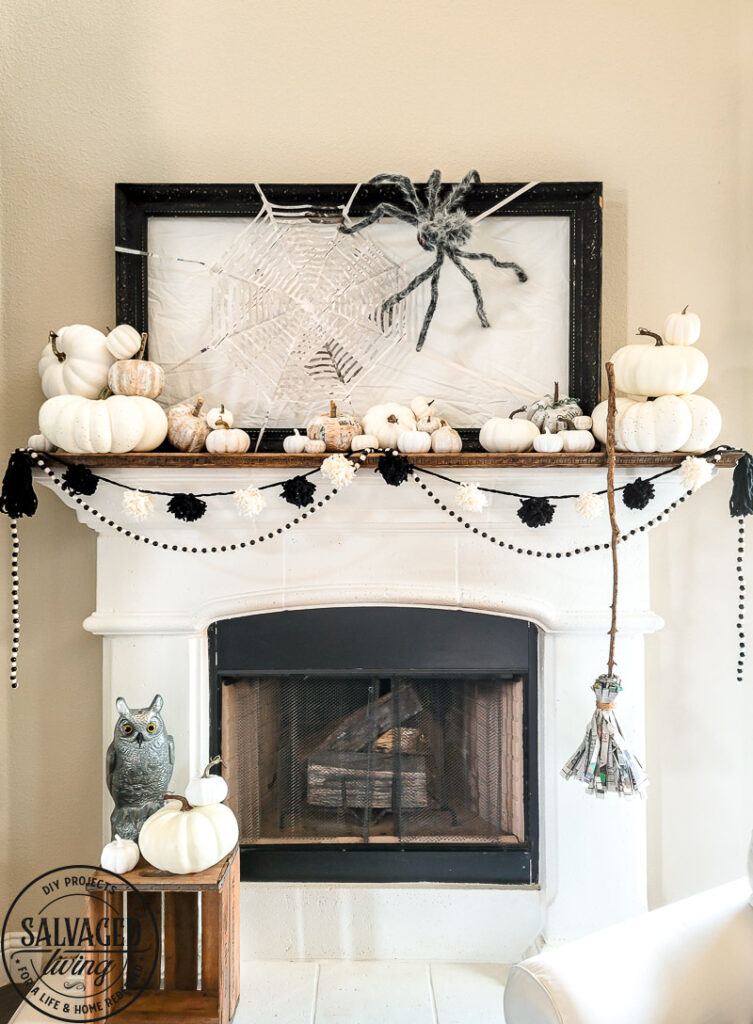 Three Halloween craft ideas to bring your Halloween mantel to life on a budget. These Halloween decor ideas are perfect for the crafty, budget friendly decorator to have a neautral farmhouse style Halloween decor that won't break the bank! Make a paper spider web, newspaper pumpkins and a precious witch's broom. #halloweenDIY #budgetHalloween #Halloweenpapercrafts