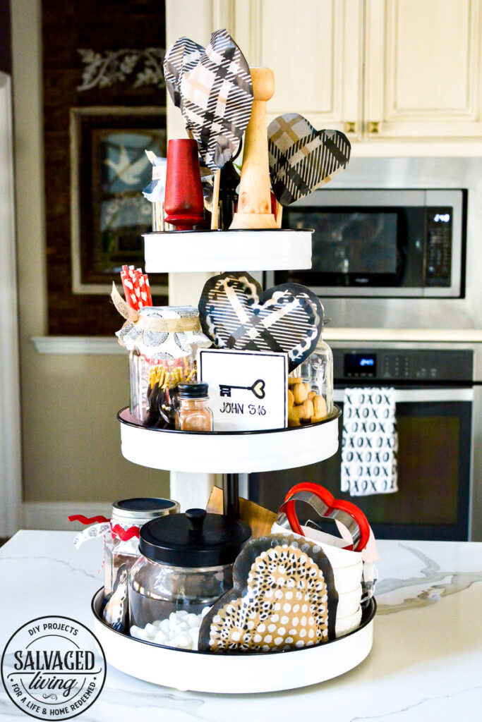 Valentine's Day hot chocolate tiered tray - the perfect transitional decor from Christmas to Spring. Enjoy your kiddos and decorate for Valentine's Day with these fun and easy tiered tray decorating ideas! #valentinesdaydecor #tieredtrayideas #hotchocolatetray