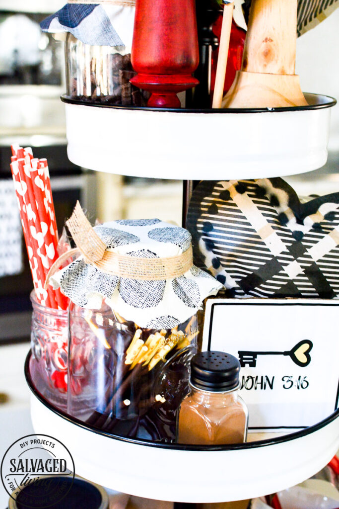 Valentine's Day hot chocolate tiered tray - the perfect transitional decor from Christmas to Spring. Enjoy your kiddos and decorate for Valentine's Day with these fun and easy tiered tray decorating ideas! #valentinesdaydecor #tieredtrayideas #hotchocolatetray