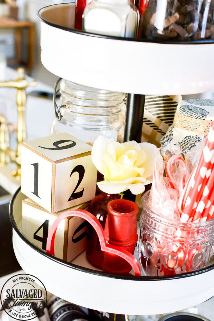 Valentine's Day hot chocolate tiered tray - the perfect transitional decor from Christmas to Spring. Enjoy your kiddos and decorate for Valentine's Day with these fun and easy tiered tray decorating ideas! #valentinesdaydecor #tieredtrayideas #hotchocolatetray