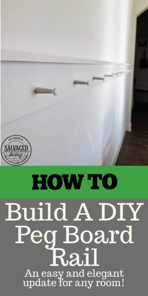 How to build a DIY peg rail for your home. If you want to instal a peg rail or a shelf rail for added interest and decor in your room, this is an easy and affordable home improvement to DIY. You can do this project in an afternoon and it's easy on the budget! #DIYtrim #pegboard #decordetails #pegrail 