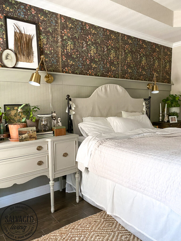 Headboard makeover idea that is not permanent and easy to do for wrought iron headboards you want to add a soft touch too. Perfect for cozy farmhouse feeling bedroom you can do this easy update with drop cloth for your headboard makeover. #DIYbedroomdecor #dropclothproject #headboardmakeoveridea