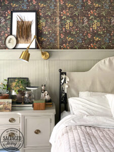 Headboard makeover idea that is not permanent and easy to do for wrought iron headboards you want to add a soft touch too. Perfect for cozy farmhouse feeling bedroom you can do this easy update with drop cloth for your headboard makeover. #DIYbedroomdecor #dropclothproject #headboardmakeoveridea