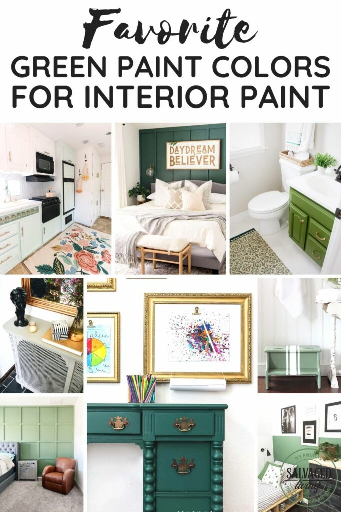 Eight images of green interior paint with text.