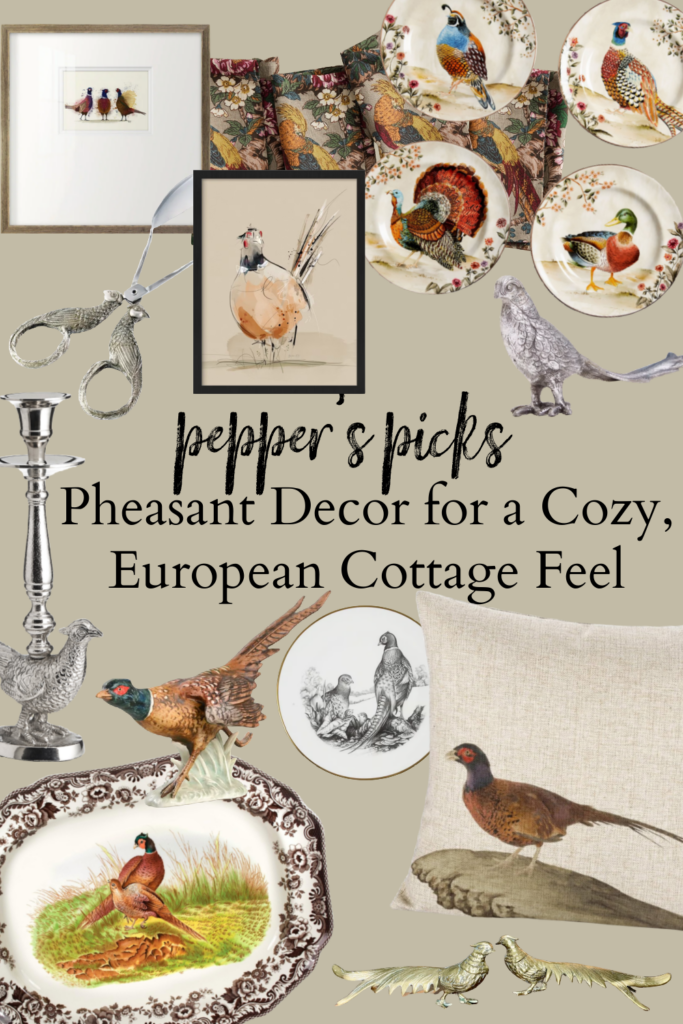 Add pheasant feathers or pheasant decor to your home for a cozy European cottage feel. These stunning pheasant decor pieces will add instant coziness to your home giving off a laid-back European style. Pheasants are such a regal bird and evoke the timeless tradition of hunting and countryside living to your home. #europeandecor #cottagestyle #vintagedecorinspiration