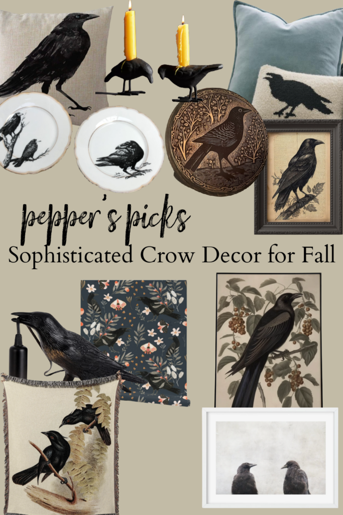 Kick cheesy to the curb with this sophisticated crow decor for fall. Dark academia, cozy european cottage vibes comin' your way. #falldecor #halloweendecor #crowdecor #ravendecor #darkacademia