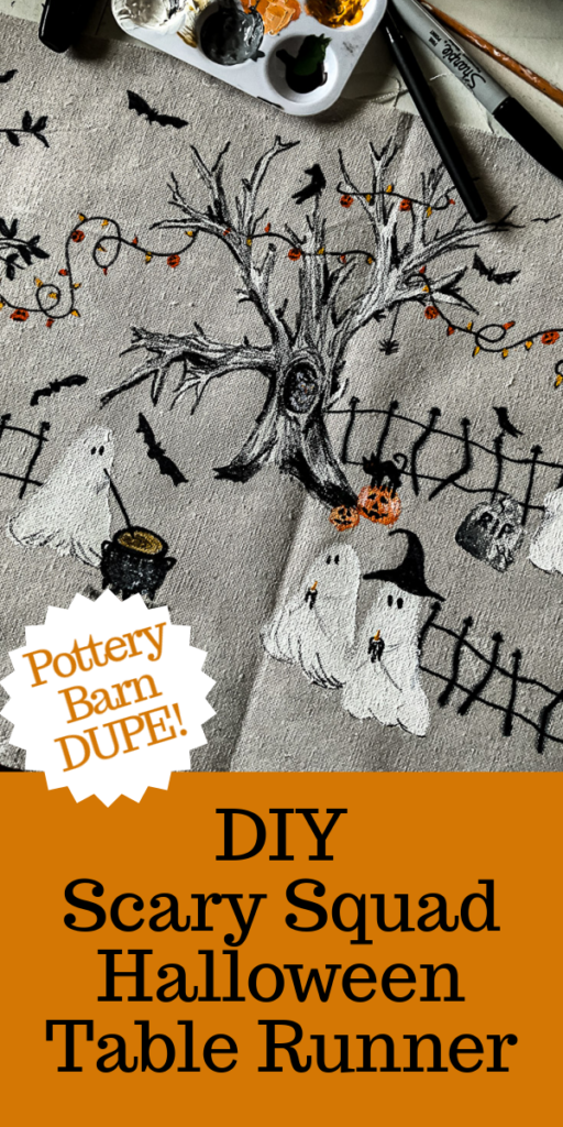 This scary squad halloween table runner would normally cost you $99... but I'm going to show you how to make it for $15 or less! Such a budget-friendly, fun project for Halloween. #halloweenDIY #halloweenproject #tablerunnerDIY #spookyDIY #budgetfriendlyhalloweendecor #cheaphalloweendecor #halloweendecordupe
