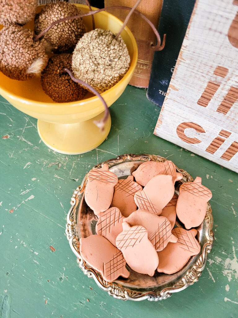 The budget-friendly, easy way to create DIY terracotta decor for Fall. Great to do with kids, and no baking required!! #terracotta #falldiy #falldecor #bowlfiller