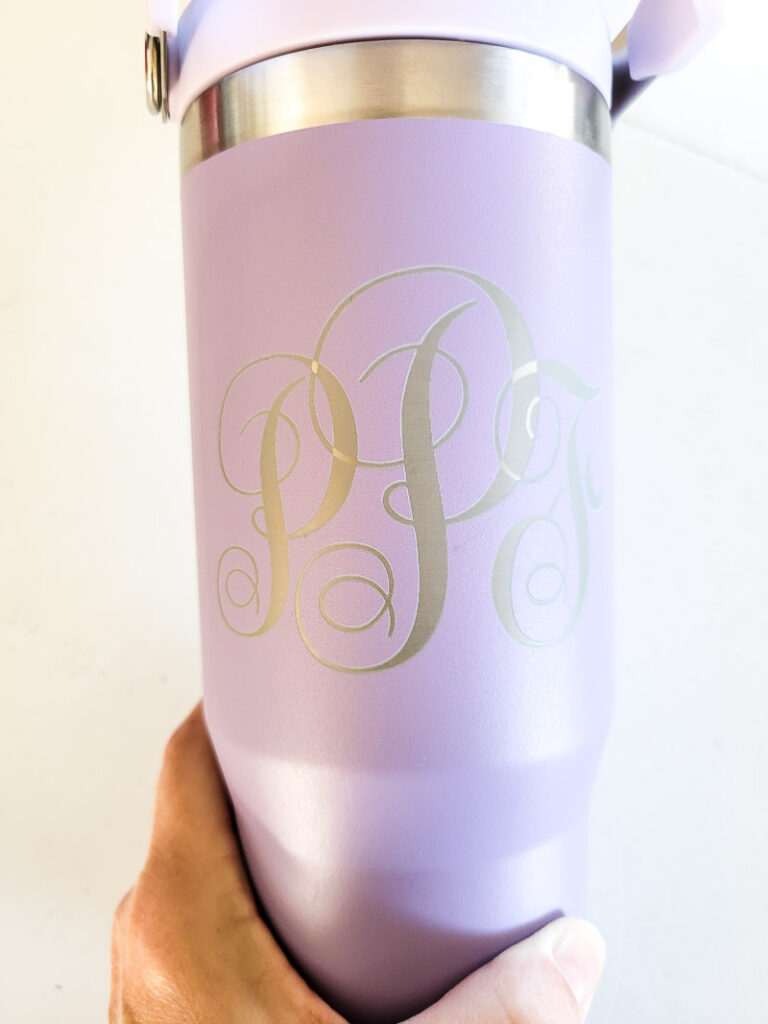 How to engrave a Stanley Tumbler or Yeti Tumbler. Personalized Stanley Quenchers are a great gift or fun to have youth your monogram or 360 design. I will show you how to laser a metal tumbler yourself and the trick to getting your design centered on your tumbler. DIY laser engraved items are a great place to start for a small at home business as well! Get all the laser machine tips and review here! #laserengrave #etchedstanley #personalizedstanley #personalizedyeti #etchedyeti #etchedstanley #monogrammedtumbler #lasermachineproject #beginnerlaserproject