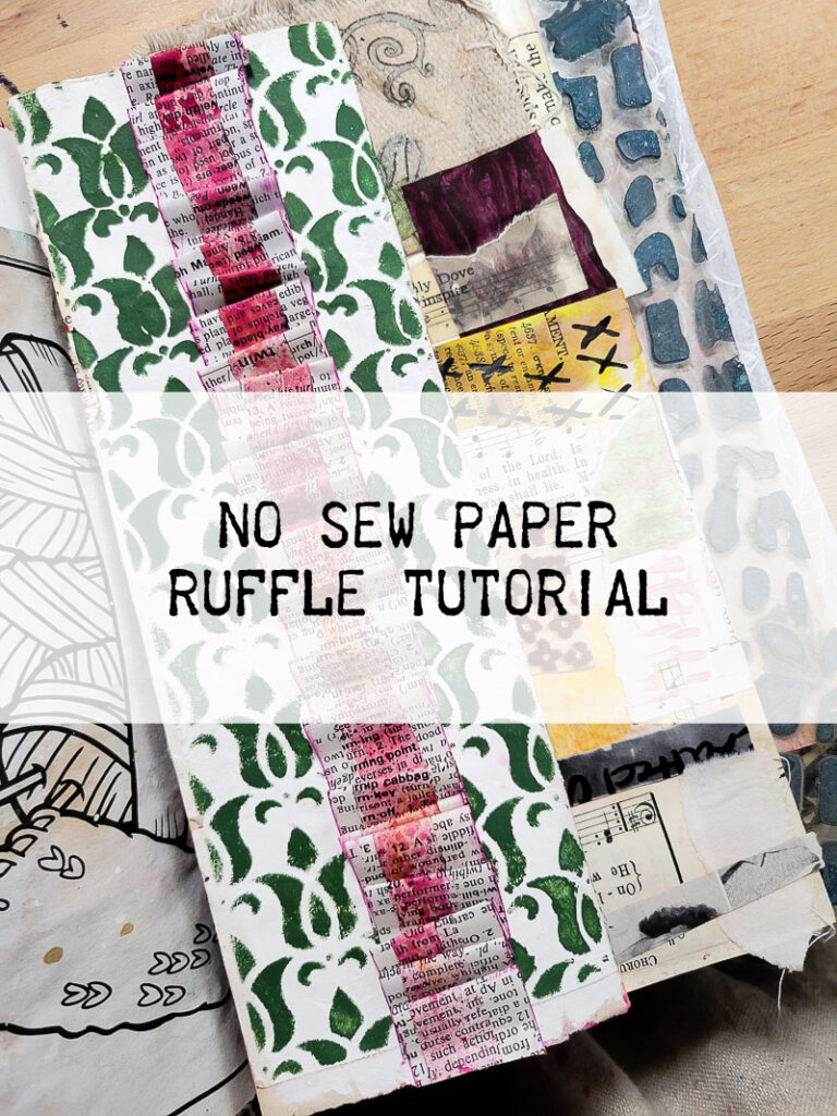 no sew paper ruffle tutorial for junk journaling, scrapbooking and card making. Perfect for the paper crafter with no sewing machine - you can still make a ruffle from paper! #papercraft #nosew #junkjournalembellishment #ephemera #paperdetails