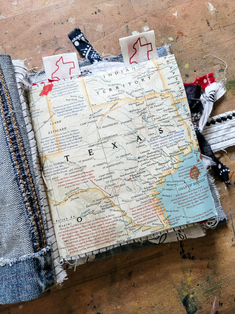 Everything you want to know about Texas in a junk journal. This visual list of all things Texas was a fun DIY travel journal to create. Saving up things from Bucee's, HEB, Blue Bell Ice Cream, Old 300 BBQ, old Texas calendars, Texas Monthly Magazine and more was a blast. All these pieces of Texas ephemera came together to create a one of a kind journal idea to inspire anyone looking to create a junk journal about the state they love! #vacationjournal #junkjournalidea #mixedmediajournal