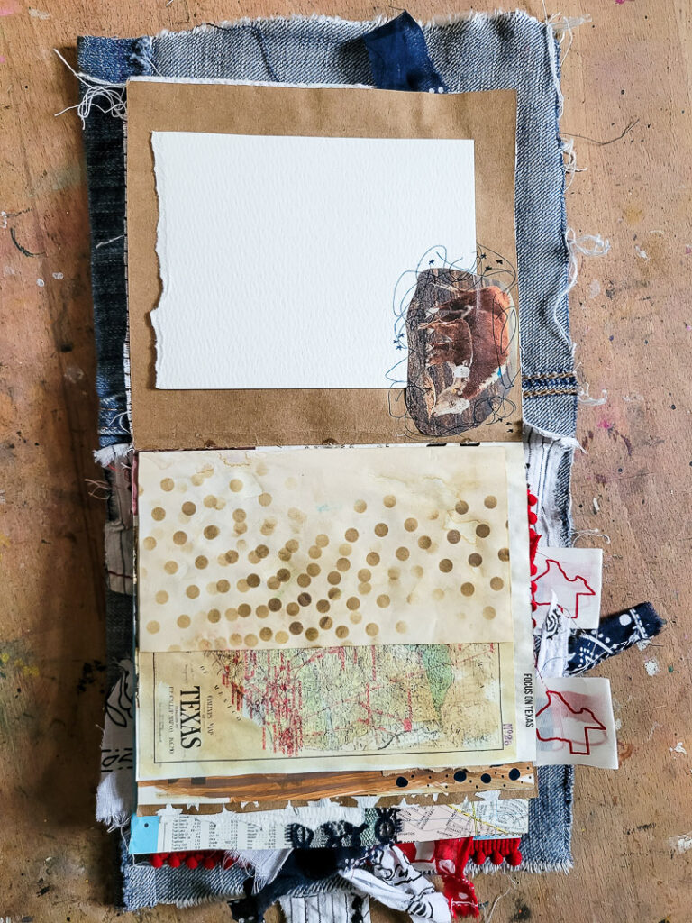 Everything you want to know about Texas in a junk journal. This visual list of all things Texas was a fun DIY travel journal to create. Saving up things from Bucee's, HEB, Blue Bell Ice Cream, Old 300 BBQ, old Texas calendars, Texas Monthly Magazine and more was a blast. All these pieces of Texas ephemera came together to create a one of a kind journal idea to inspire anyone looking to create a junk journal about the state they love! #vacationjournal #junkjournalidea #mixedmediajournal