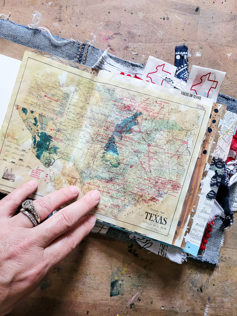 Grab some inspiration for your DIY junk journal of Texas. This is a great gift idea for someone missing their home state, a travel journal or just a vacation scrapbook! #journaling ideas #vacationscrapbook #DIYtraveljournal
