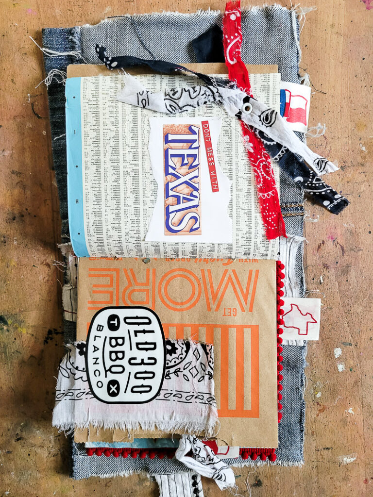 Everything you want to know about Texas in a junk journal. This visual list of all things Texas was a fun DIY travel journal to create. Saving up things from Bucee's, HEB, Blue Bell Ice Cream, Old 300 BBQ, old Texas calendars, Texas Monthly Magazine and more was a blast. All these pieces of Texas ephemera came together to create a one of a kind journal idea to inspire anyone looking to create a junk journal about the state they love! #vacationjournal #junkjournalidea #mixedmediajournal