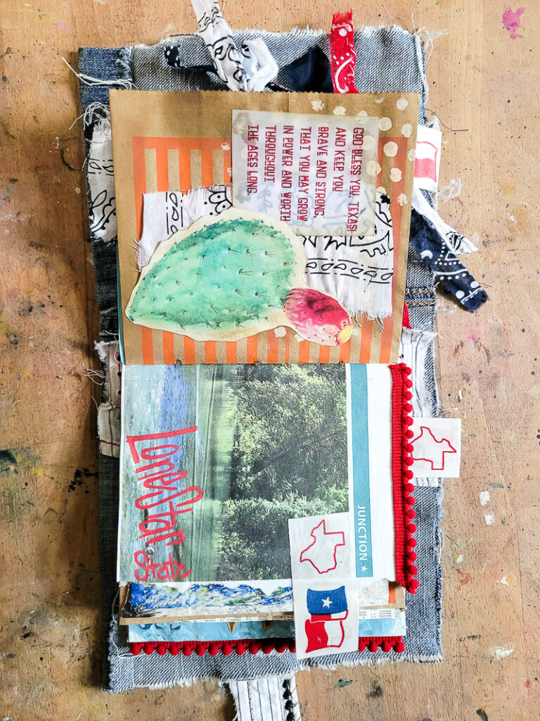 Everything you want to know about Texas in a junk journal. This visual list of all things Texas was a fun DIY travel journal to create. Saving up things from Bucee's, HEB, Blue Bell Ice Cream, Old 300 BBQ, old Texas calendars, Texas Monthly Magazine and more was a blast. All these pieces of Texas ephemera came together to create a one of a kind journal idea to inspire anyone looking to create a junk journal about the state they love! #vacationjournal #junkjournalidea #mixedmediajournal