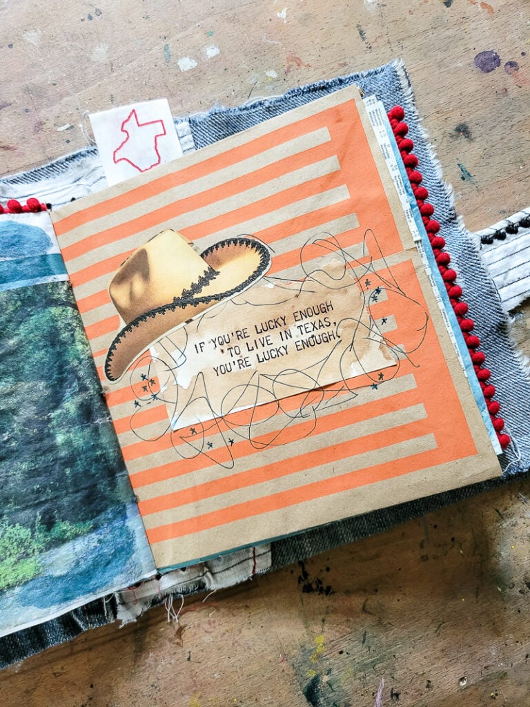 Everything you want to know about Texas in a junk journal. This visual list of all things Texas was a fun DIY travel journal to create. Saving up things from Bucee's, HEB, Blue Bell Ice Cream, Old 300 BBQ, old Texas calendars, Texas Monthly Magazine and more was a blast. All these pieces of Texas ephemera came together to create a one of a kind journal idea to inspire anyone looking to create a junk journal about the state they love! #vacationjournal #junkjournalidea #mixedmediajournal