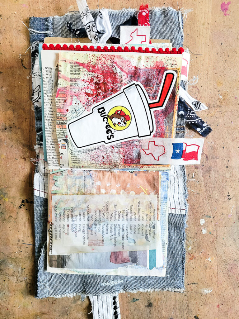 Everything you want to know about Texas in a junk journal. This visual list of all things Texas was a fun DIY travel journal to create. Saving up things from Bucee's, HEB, Blue Bell Ice Cream, Old 300 BBQ, old Texas calendars, Texas Monthly Magazine and more was a blast. All these pieces of Texas ephemera came together to create a one of a kind journal idea to inspire anyone looking to create a junk journal about the state they love! #vacationjournal #junkjournalidea #mixedmediajournal