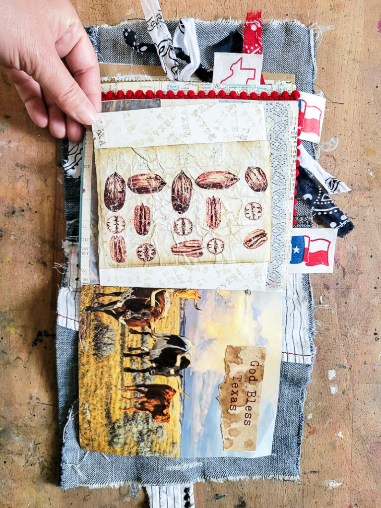 Everything you want to know about Texas in a junk journal. This visual list of all things Texas was a fun DIY travel journal to create. Saving up things from Bucee's, HEB, Blue Bell Ice Cream, Old 300 BBQ, old Texas calendars, Texas Monthly Magazine and more was a blast. All these pieces of Texas ephemera came together to create a one of a kind journal idea to inspire anyone looking to create a junk journal about the state they love! #vacationjournal #junkjournalidea #mixedmediajournal