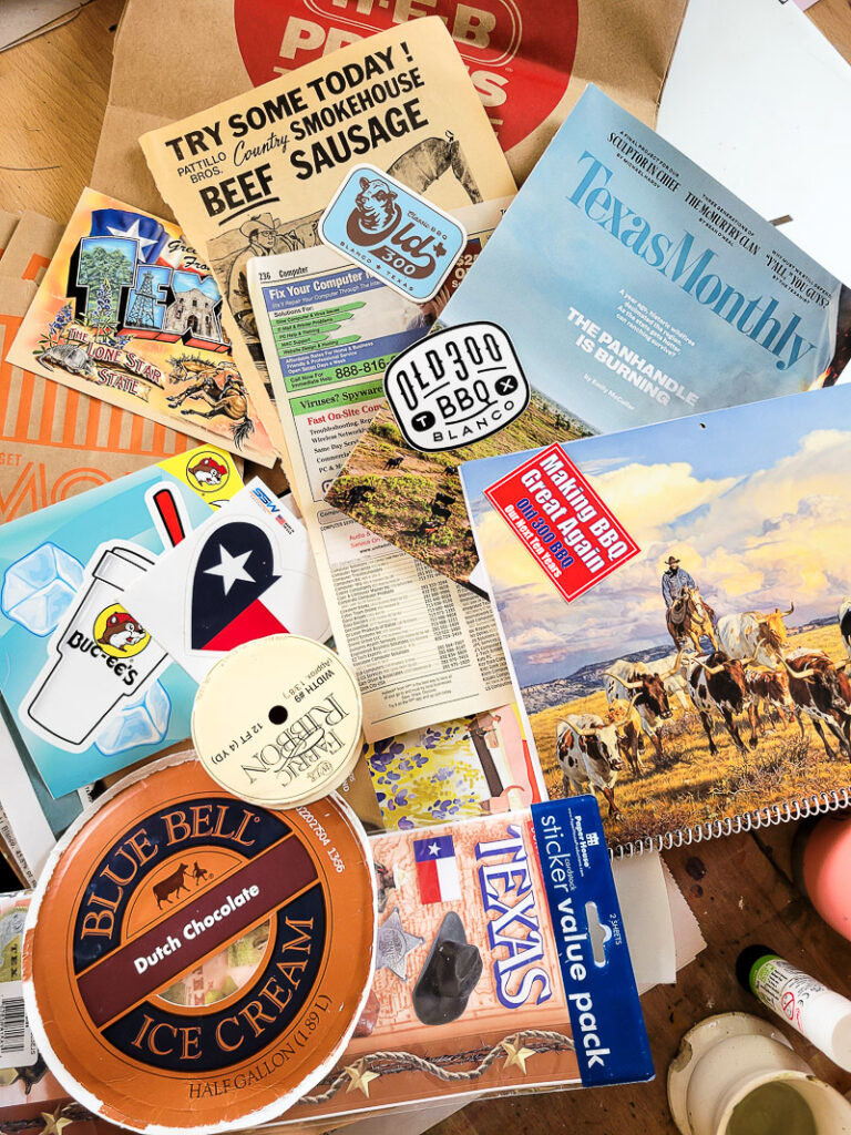 All about Texas junk journal I created a fun tribute to all things Texas, perfect for a travel journal or DIY vacation journal oon your trip to Texas. See all the things like Bucee's, Whataburger, HEB, Blue Bell Ice Cream and more! #texastrip #journalideas #traveljournal