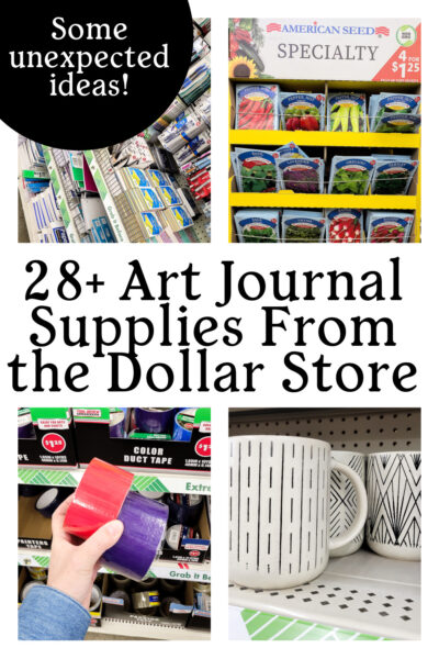 art journal supplies you can get on a budget from the dollar store to use in your mixed media junk journaling creative time. There are some unexpected craft supplies on this list that you don't want to miss! #dollarstoresupplies #junkjournal #mixedmediajournal #homemadejournal