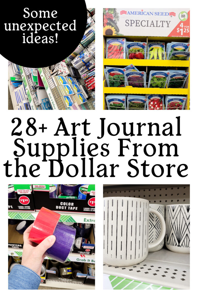 art journal supplies you can get on a budget from the dollar store to use in your mixed media junk journaling creative time. There are some unexpected craft supplies on this list that you don't want to miss! #dollarstoresupplies #junkjournal #mixedmediajournal #homemadejournal