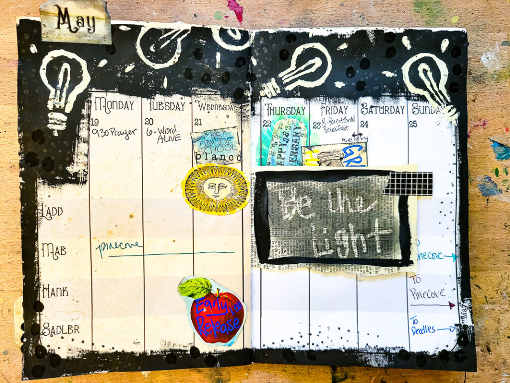 junk journal planner and calendar flip through, this month focuses on a black and white design aesthetic to calm the busy month of May down! #calendargirl #junkjournalcalendar #DIYplanner #DIYCalendar