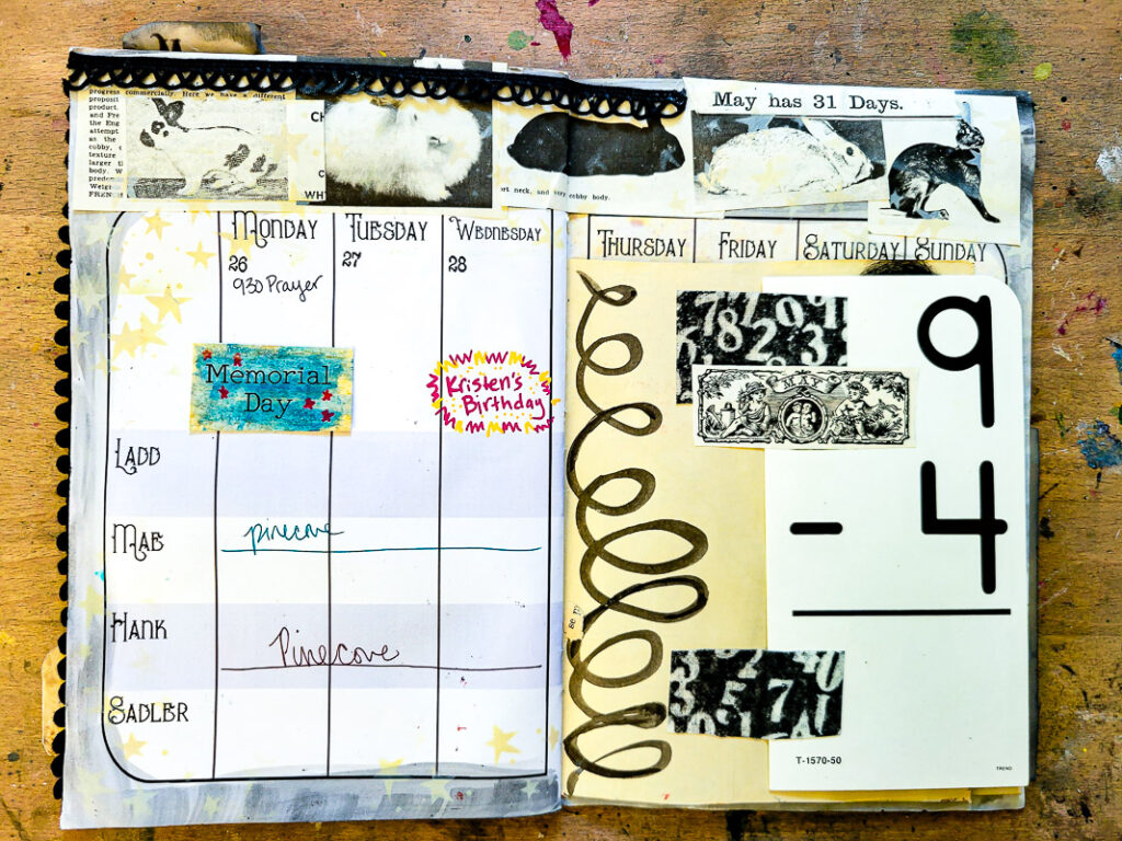 junk journal planner and calendar flip through, this month focuses on a black and white design aesthetic to calm the busy month of May down! #calendargirl #junkjournalcalendar #DIYplanner #DIYCalendar