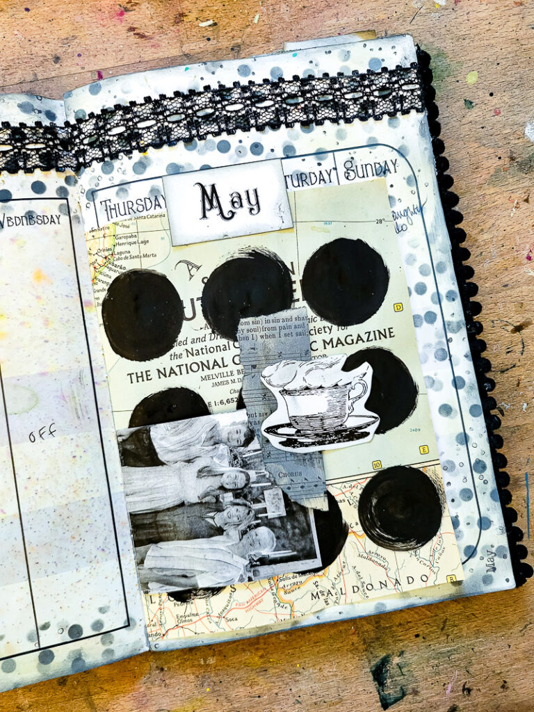 junk journal planner and calendar flip through, this month focuses on a black and white design aesthetic to calm the busy month of May down! #calendargirl #junkjournalcalendar #DIYplanner #DIYCalendar