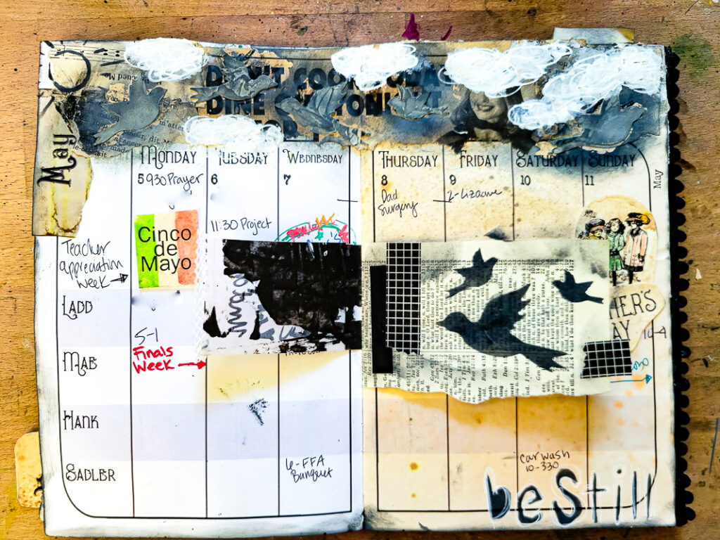 junk journal planner and calendar flip through, this month focuses on a black and white design aesthetic to calm the busy month of May down! #calendargirl #junkjournalcalendar #DIYplanner #DIYCalendar