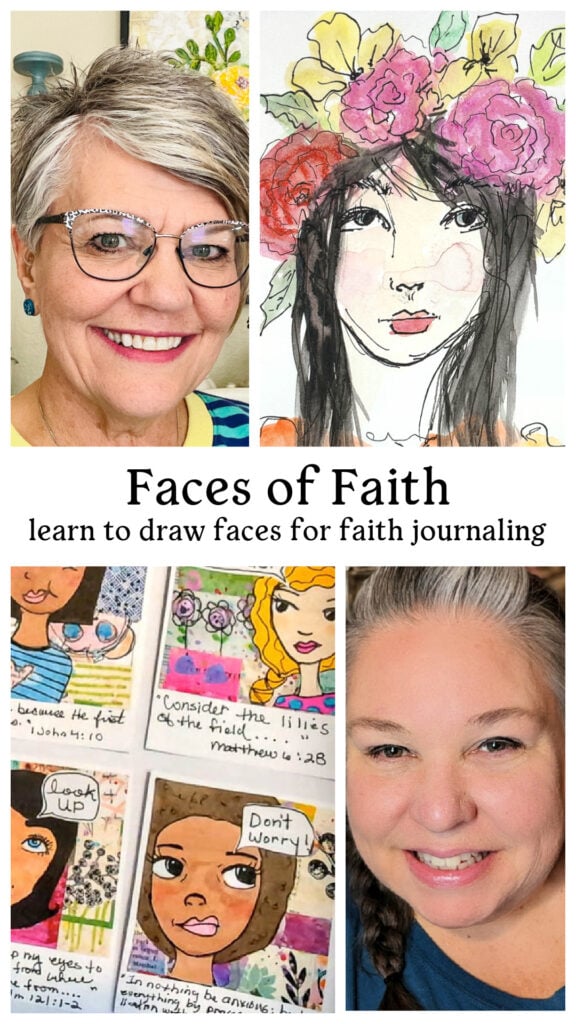 Learn how to draw faces for art journals, Bible journaling, prayer pages, bookmarks, and mixed media projects. Faces of Faith is a beginner-friendly course that teaches easy face sketching techniques you can practice and use again and again in creative journaling.