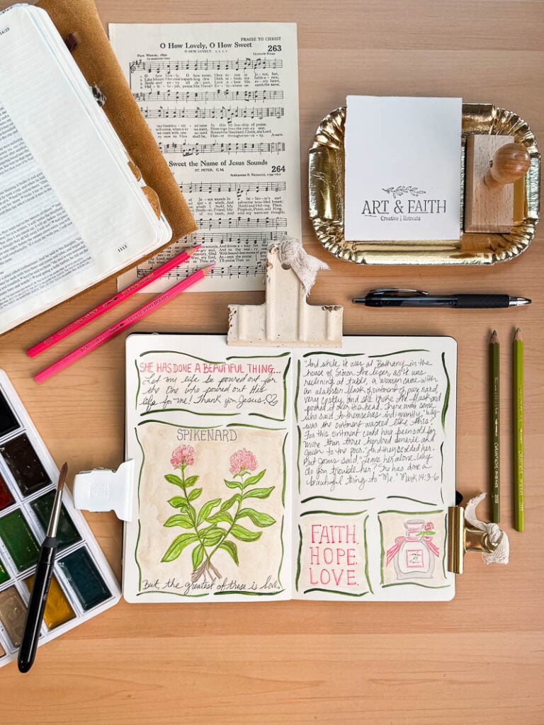 Christian faith art journaling workshop featuring Bible journaling, prayer journal ideas, mixed media techniques, and creative scripture study lessons for beginners. Faith Fest event for women exploring faith and creativity together.