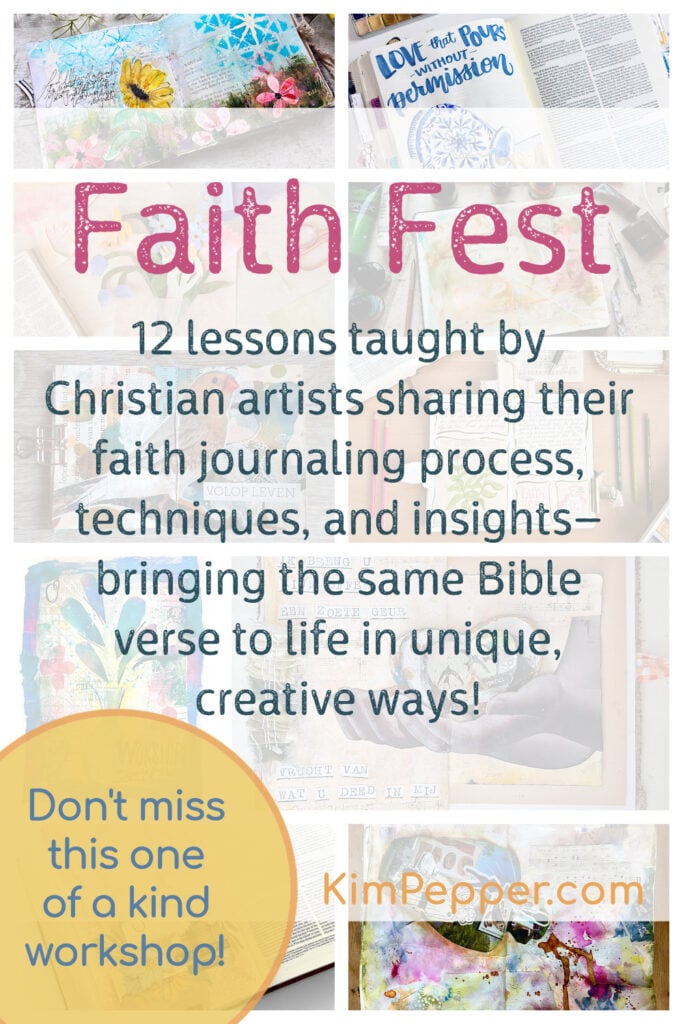 Christian faith art journaling workshop featuring Bible journaling, prayer journal ideas, mixed media techniques, and creative scripture study lessons for beginners. Faith Fest event for women exploring faith and creativity together.