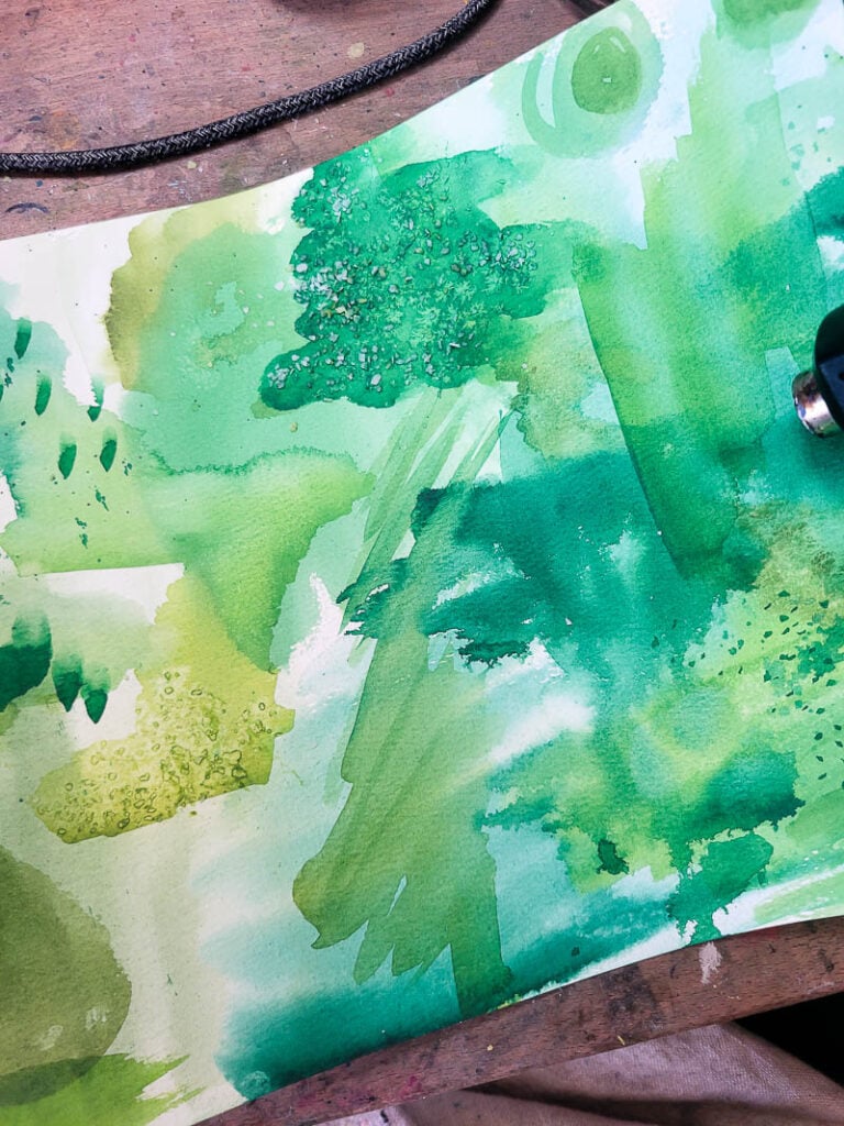 Close up of textured, color-led journaling page for Christian creatives, featuring simple faith art, scripture study notes, and journaling ideas that use color emotion for mixed media and Bible study journaling inspiration.