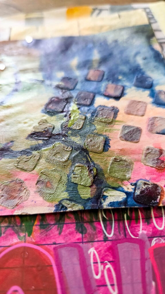Chunky mixed media journaling ideas for adding heavy texture and layers to junk journals, Bible journaling, and faith art journaling. Creative DIY techniques using fabric, cardboard, stitching, embellishments, and collage for textured journal pages.