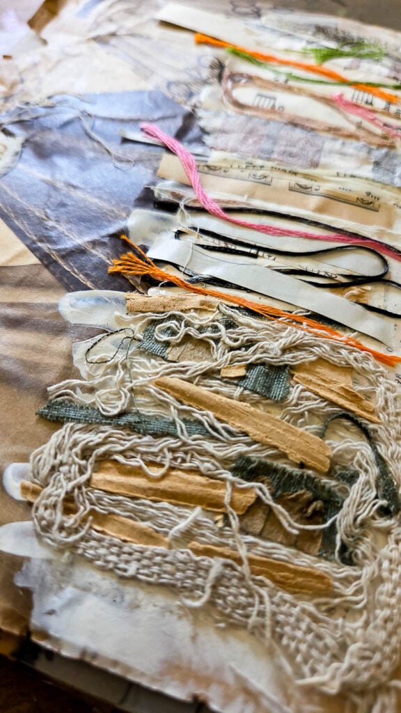 Chunky mixed media journaling ideas for adding heavy texture and layers to junk journals, Bible journaling, and faith art journaling. Creative DIY techniques using fabric, cardboard, stitching, embellishments, and collage for textured journal pages.