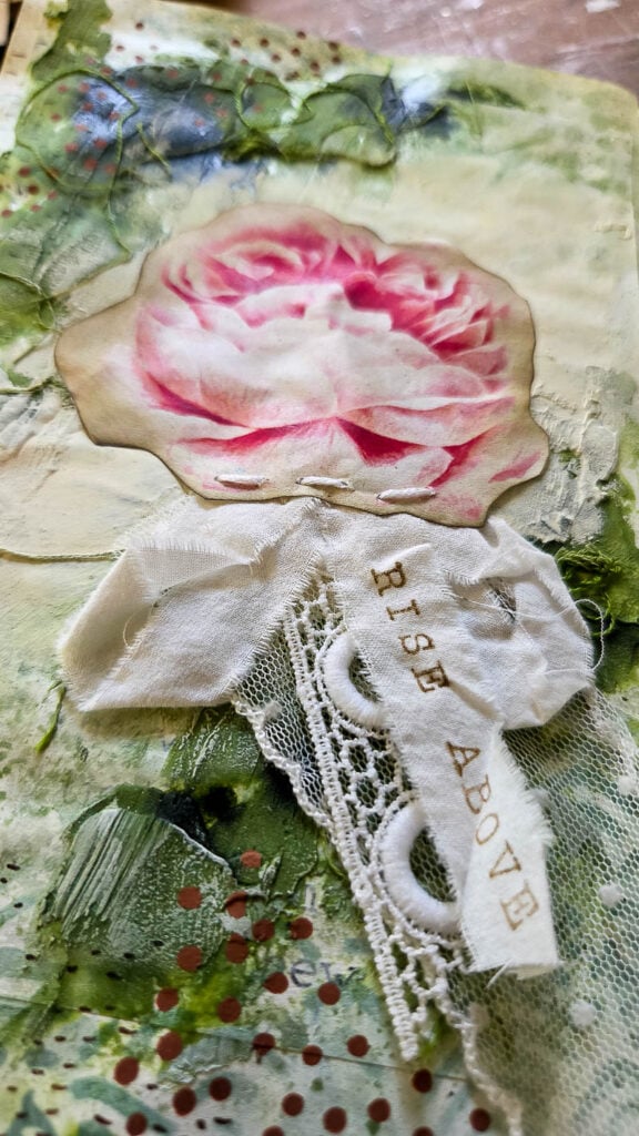 Chunky mixed media journaling ideas for adding heavy texture and layers to junk journals, Bible journaling, and faith art journaling. Creative DIY techniques using fabric, cardboard, stitching, embellishments, and collage for textured journal pages.