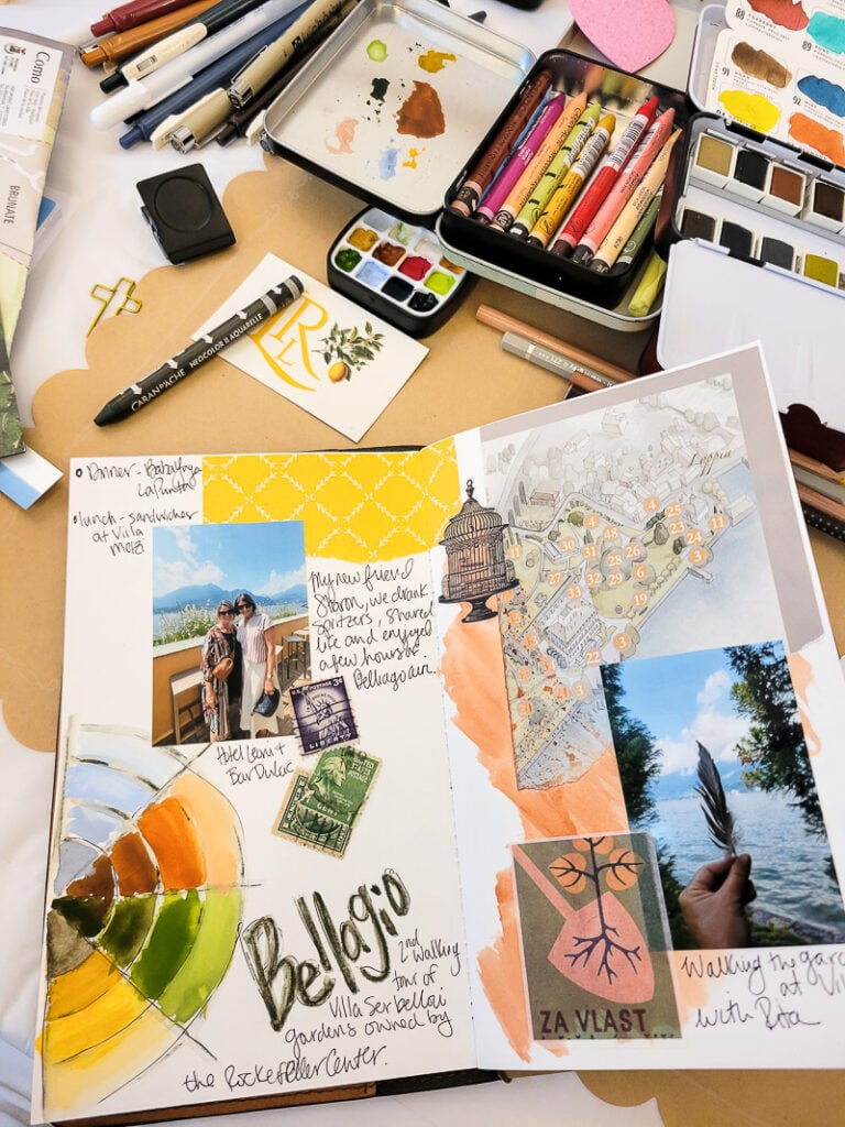 Mixed media faith art journaling during a creative retreat in beautiful Bellagio, Italy. A travel journal filled with paint, paper, memories and meaningful moments inspired by Lake Como, faith, creativity and the beauty of experiencing God while traveling.